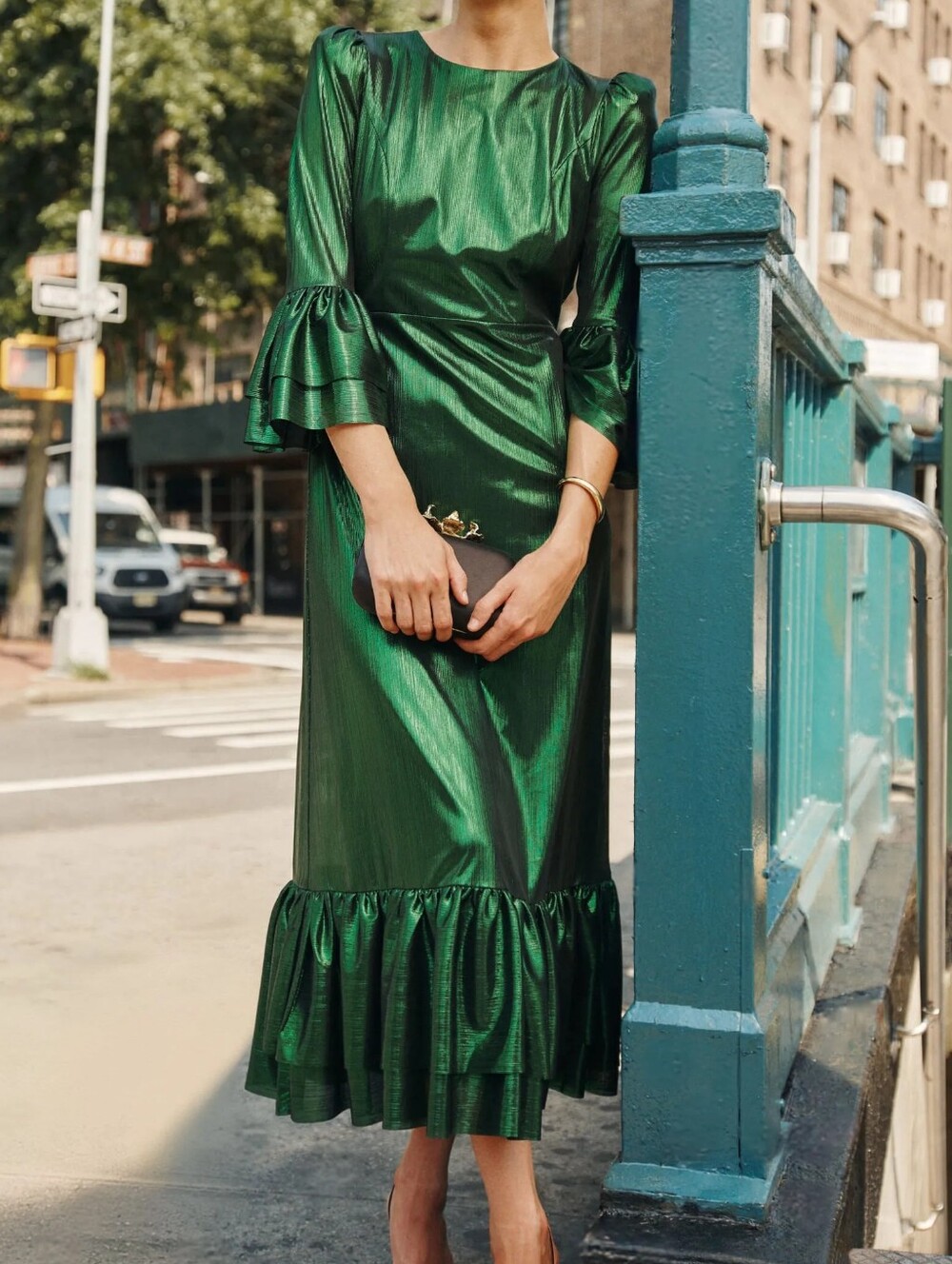 NWT Tuckernuck Metallic Green Ruffle Tiered Midi Dress, Size XXL